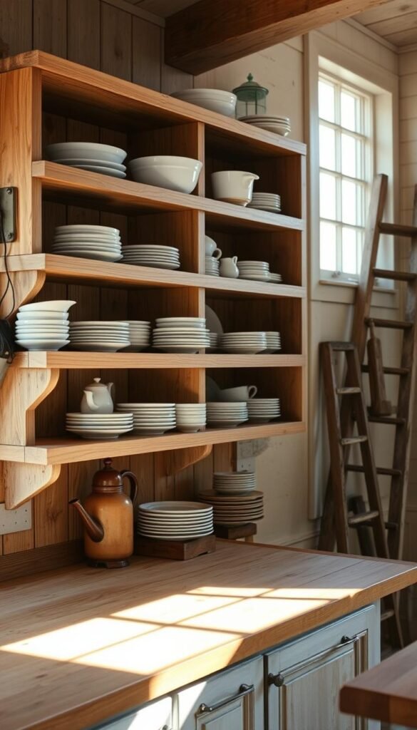 A well-lit rustic farmhouse kitchen with natural wood open shelving showcasing a collection of weathered white ironstone dishes. The shelves are arranged with care, each piece deliberately placed to create a visually appealing, effortless display. Soft natural light filters through large windows, casting a warm glow across the scene. The wood grain of the shelves is visible, adding texture and a sense of age. In the background, a vintage wooden ladder leans against the wall, hinting at the character of the space. The overall mood is one of cozy, lived-in comfort - a space where family and friends can gather around the table for warm, nourishing meals.