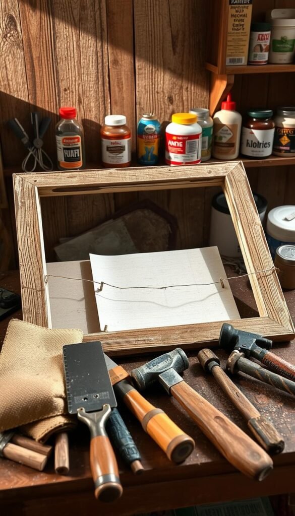 A well-lit, rustic still-life arrangement of various DIY window frame supplies. In the foreground, an assortment of hand tools including a saw, sandpaper, and a hammer. In the middle ground, an old, weathered wooden window frame resting on a sturdy workbench. The background features a selection of supplies such as wood glue, nails, and finishing materials like paint and stain. The lighting is natural and warm, creating a cozy, inviting atmosphere, highlighting the textures and colors of the materials. The composition is balanced and visually appealing, evoking a sense of craftsmanship and the process of repurposing an old window frame.