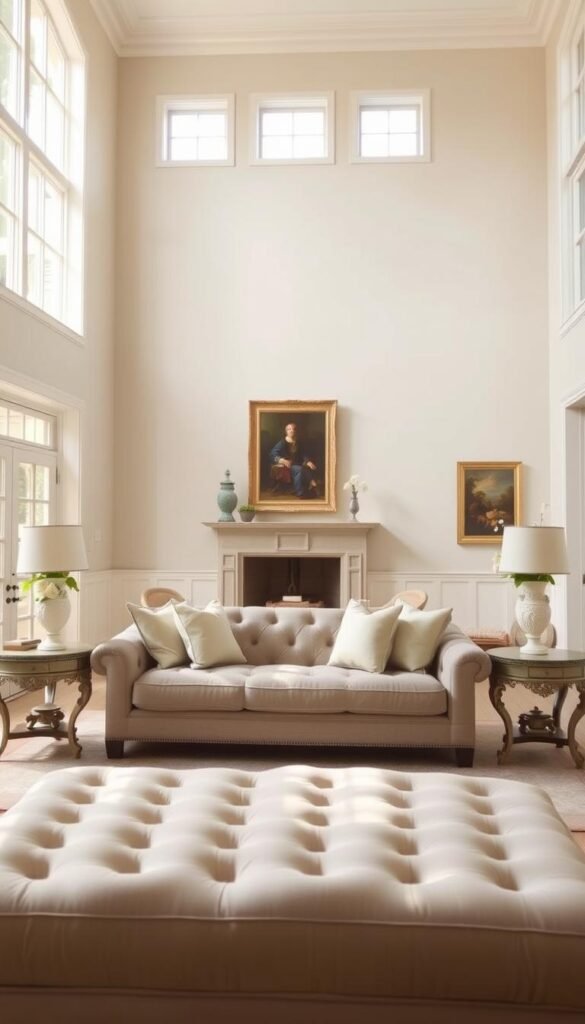 A well-lit, spacious room with high ceilings and large windows, showcasing a harmonious palette of classic, timeless paint colors for home decor. In the foreground, a beautifully appointed living area features a plush, tufted sofa in a soft, muted gray hue, complemented by throw pillows in complementary shades of ivory and beige. On the walls, a neutral-toned paint color, perhaps a warm, inviting shade of off-white, creates a sense of timeless elegance. In the middle ground, a pair of ornate, antique-inspired end tables flank the sofa, their surfaces adorned with delicate vases filled with fresh flowers. The background reveals a stately fireplace mantel, its neutral-toned surround framing a traditional oil painting. Soft, natural lighting filters in through the large windows, casting a gentle glow over the entire scene and reinforcing the atmosphere of classic, refined style.