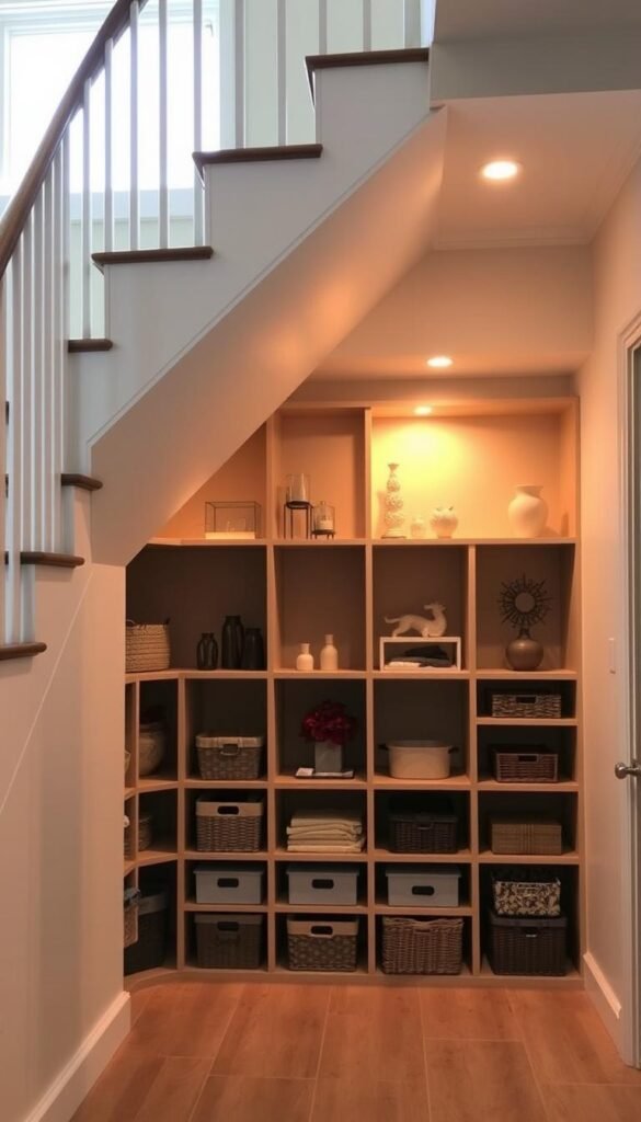 A well-lit, spacious under-stair alcove with recessed shelving units, illuminated by a mix of warm overhead lighting and soft natural light filtering through a window. The shelves display a variety of neatly organized storage containers, baskets, and decorative accents, creating a visually appealing and efficient use of the often-overlooked space. The staircase above is elegantly designed, with clean lines and a modern aesthetic that complements the storage solution below. The overall atmosphere is one of a thoughtfully planned, functional, and aesthetically pleasing hidden storage area.