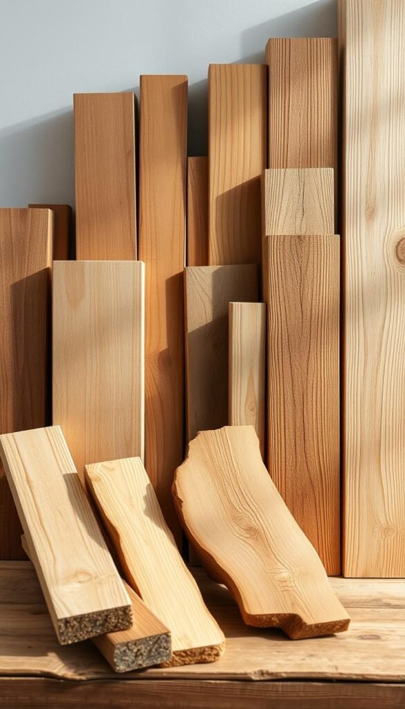 A well-lit still life of an assortment of natural wood planks, beams, and boards in varying tones and grains, arranged on a rustic wooden surface. The wood samples are positioned to showcase their inherent beauty and textures, with a focus on the diverse characteristics that make them suitable for interior design applications. Soft shadows and highlights accentuate the organic forms and warm hues, creating a serene, inviting atmosphere that evokes the tactile qualities of natural materials. The composition is balanced and visually interesting, guiding the viewer's eye to appreciate the unique properties of each wood type.