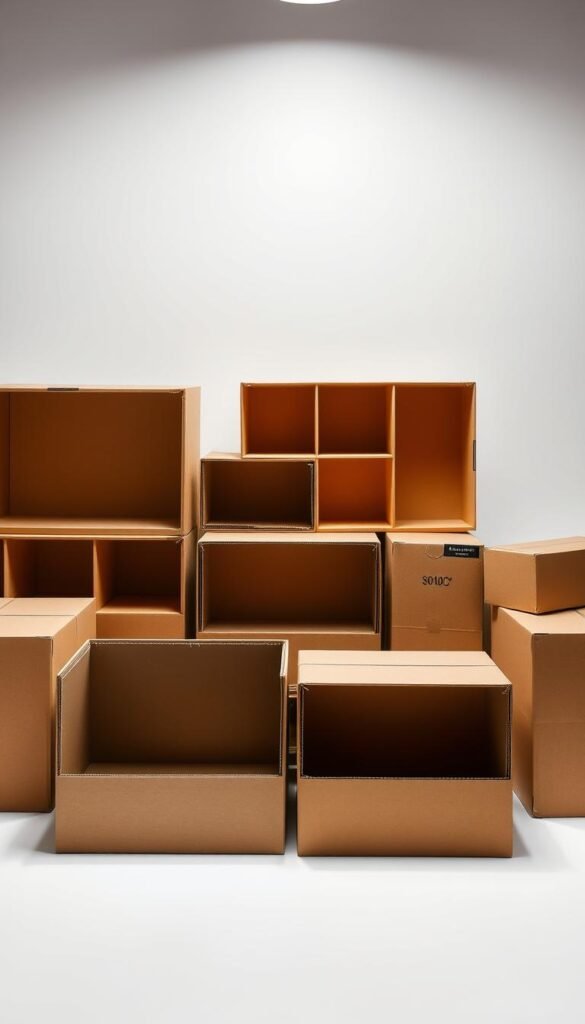 A well-lit studio scene featuring a set of specialty moving boxes with sturdy partitions. The boxes are made of high-quality, eco-friendly materials with a sleek, modern design. The partitions create distinct compartments, allowing for organized storage and transportation of various items. The boxes are arranged in a visually appealing manner, showcasing their versatility and functionality. The lighting is soft and diffused, highlighting the texture and color of the materials. The angle of the shot provides a clear, unobstructed view of the boxes, emphasizing their practical features and the thoughtful attention to detail in their construction.