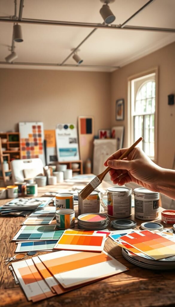 A well-lit studio setting with various paint color samples and swatches arranged on a wooden table. In the foreground, an artist's hand holds a paintbrush, delicately testing different hues against a neutral-toned wall. The middle ground features an array of paint cans, color wheels, and reference materials, while the background showcases a large window allowing natural light to flood the space, creating a warm, inviting atmosphere. The overall composition conveys a sense of experimentation, creativity, and the process of finding the perfect paint palette to set the desired mood for a room.