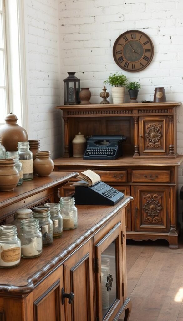 A well-lit, vintage-inspired interior featuring a collection of antique storage solutions. In the foreground, a rustic wooden cabinet with ornate detailing and glass-front doors displays an assortment of aged ceramic jars and glass bottles. Behind it, a faded oak dresser with intricate carvings and brass hardware stands against a whitewashed brick wall. On the dresser, an old-fashioned typewriter, a leather-bound journal, and a small potted plant create a cozy, lived-in vibe. Soft, natural lighting filters in through a large window, casting a warm glow over the scene. The overall atmosphere evokes a sense of timeless elegance and a appreciation for the beauty of the past.