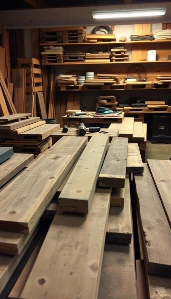 A well-lit workshop setting showcasing an assortment of pallet wood materials and tools. In the foreground, various planks, beams, and boards of weathered, rustic pallet wood are neatly arranged. In the middle ground, a collection of hand tools including a hammer, saw, screwdriver, and sandpaper sit atop a workbench. The background depicts a wall lined with shelves housing additional pallet wood, fasteners, and other supplies. Soft shadows and warm lighting create a cozy, DIY atmosphere, inviting the viewer to envision the process of crafting pallet-based home decor.