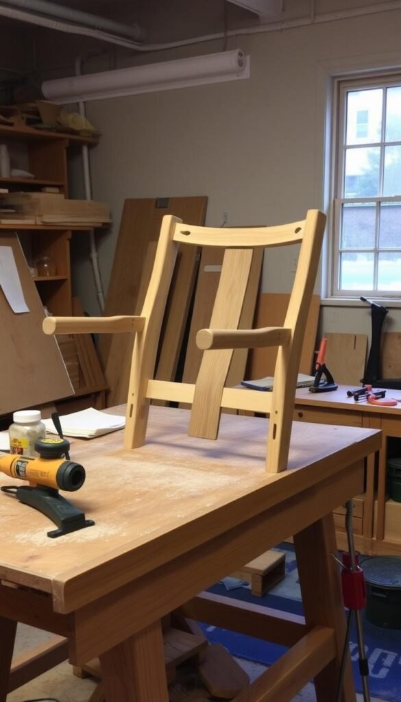 A well-lit workshop with a wooden chair frame resting on a sturdy workbench. The frame is stripped of its old finish, exposing the raw wood grain. Sandpaper and a hand sander lie nearby, ready to smooth the surface. Jars of wood glue and a set of clamps stand at the ready, hinting at the careful repair work to come. The atmosphere is one of focused preparation, as the chair waits to be transformed through the upcycling process.