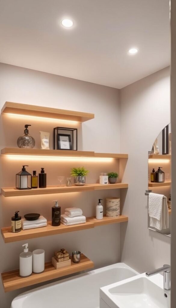 A well-organized and beautifully lit bathroom with stylish open shelves showcasing a captivating arrangement of decorative items and essential bathroom necessities. The shelves are made of sleek, natural wood that complements the neutral color palette of the room. Soft, diffused lighting from recessed ceiling fixtures casts a warm, inviting glow, accentuating the textures and tones of the carefully curated decor. The overall atmosphere exudes a sense of tranquility and effortless sophistication, perfectly suited for the "Stylish Open Shelving for Decor and Essentials" section of the article.