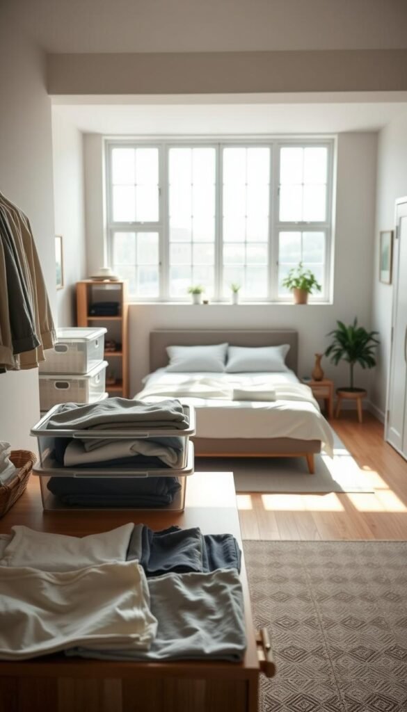 A well-organized and decluttered bedroom in a minimalist style, with soft natural lighting streaming through large windows. In the foreground, neatly folded clothes and organized storage containers on a clean, wooden dresser. In the middle ground, a simple, low-profile bed with crisp white linens and a few decorative elements like a potted plant or framed artwork on the walls. The background features a spacious, airy feel with muted, earthy tones and clean lines, conveying a sense of calm and serenity.