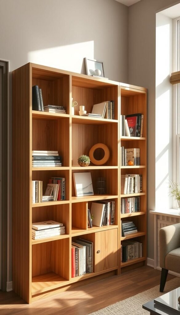 A well-organized and versatile bookcase, showcased in a cozy, sun-drenched room. The bookcase features multiple shelves, cubbies, and compartments, allowing for efficient storage and display of books, decor, and personal items. Warm wood tones and clean lines create a modern, minimalist aesthetic. The bookcase is positioned against a neutral-toned wall, with natural light from a nearby window illuminating the space. The overall scene conveys a sense of functionality, organization, and a harmonious blend of form and function, perfectly suited for a small living space.