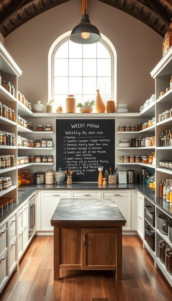 A well-organized and visually appealing pantry space, illuminated by soft, natural lighting filtering through a large window. The shelves are neatly arranged, showcasing a variety of labeled glass jars, colorful produce, and essential cooking items. The middle ground features a central wooden workbench, providing ample space for meal preparation. In the background, a chalkboard wall displays a handwritten weekly menu, adding a touch of rustic charm. The overall atmosphere conveys a sense of order, efficiency, and a passion for culinary exploration.