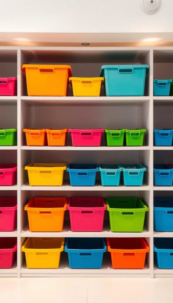 A well-organized and visually appealing toy storage solution, featuring a series of color-coded storage bins neatly arranged on shelves. The bins are stacked in a symmetrical grid pattern, each labeled with vibrant hues that clearly delineate the contents. Soft, warm lighting from above casts a gentle glow, highlighting the clean lines and careful attention to detail. The shelves are situated against a minimalist, white backdrop, allowing the colorful bins to take center stage. The overall composition exudes a sense of order, efficiency, and a playful, family-friendly aesthetic.
