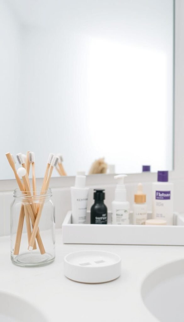A well-organized bathroom counter with neatly arranged items. In the foreground, a clear glass jar filled with cotton swabs, a set of bamboo toothbrushes, and a small ceramic soap dish. In the middle ground, a white ceramic tray holds an assortment of beauty products, each in its own designated spot. The background features a minimalist mirror and a soft, diffused light that creates a calming, spa-like atmosphere. The overall scene conveys a sense of serenity and control, reflecting the idea of decluttering and maintaining a tidy, organized bathroom space.