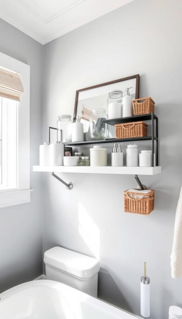 A well-organized bathroom storage solution with a picture ledge mounted on the wall, illuminated by natural light streaming through a window. The ledge displays an array of carefully curated bathroom items - glass jars, ceramic containers, and woven baskets, creating a visually appealing and functional storage arrangement. The room's neutral color palette of soft grays and whites contributes to a calming, minimalist atmosphere, while subtle textures in the materials add visual interest. The camera angle captures the storage solution at an eye-level perspective, showcasing its practical yet stylish design.