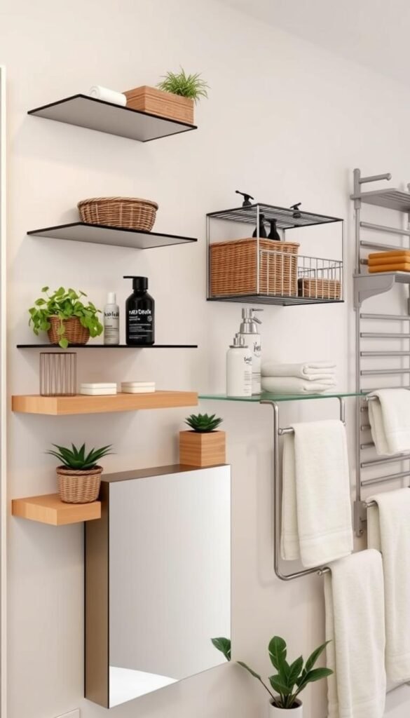 A well-organized bathroom wall storage solution showcasing a variety of shelves, cabinets, and racks. The foreground features floating shelves holding decorative baskets, bath products, and plants, creating a visually appealing and functional display. The middle ground includes a recessed medicine cabinet with mirrored doors, providing hidden storage. In the background, a vertical towel rack and a set of wall-mounted shelves offer additional space for towels, toiletries, and decorative items. The lighting is soft and diffused, casting a warm, inviting glow. The overall atmosphere is one of order, elegance, and efficient use of wall space, perfectly suiting the "Maximizing Wall and Vanity Space" section of the article.