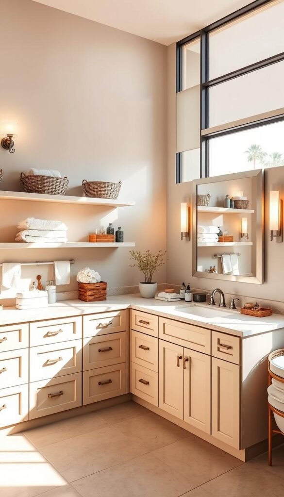 A well-organized bathroom with practical and visually appealing storage solutions. A spacious vanity with multiple drawers and cabinets, neatly arranged toiletries and towels. Floating shelves on the walls display decorative baskets and jars. A large, well-lit mirror with a sleek, minimalist frame. Soft, warm lighting from sconces and a large window floods the room, creating a soothing, spa-like atmosphere. The floor is covered in neutral, high-quality tiles, complementing the clean, clutter-free design. Overall, the image conveys a sense of order, functionality, and a touch of elegance within a modest budget.