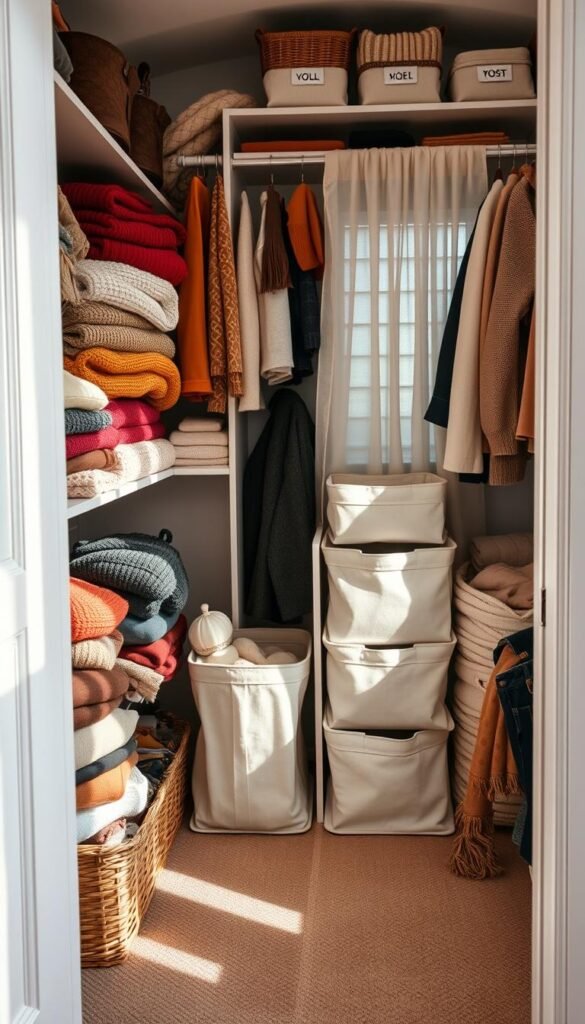 A well-organized closet with seasonal clothing and accessories neatly arranged on shelves and in baskets. The foreground showcases an assortment of folded sweaters, scarves, and hats in autumn hues, while the middle ground features labeled storage bins and canvas organizers. The background reveals a tidy, minimalist space with plenty of natural light filtering through sheer curtains, creating a calming, serene atmosphere. The lighting is soft and diffused, capturing the details of the meticulously curated closet. The camera angle is slightly elevated, providing a bird's-eye view of the organized space, emphasizing the efficient use of vertical space and the overall sense of order and control.