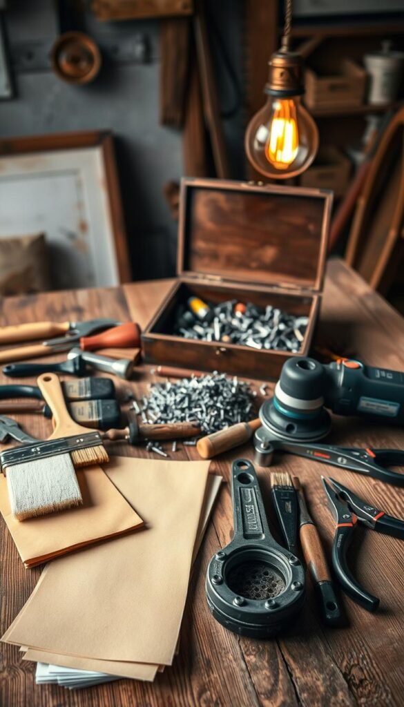 A well-organized collection of essential tools for upcycling furniture lays neatly on a rustic wooden workbench. In the foreground, a set of paint brushes, sandpaper, and a power sander sit alongside a hammer, screwdrivers, and pliers. In the middle ground, an open toolbox reveals an assortment of screws, nails, and other hardware. In the background, a vintage-style lamp casts a warm, golden glow, creating a cozy, workshop-inspired atmosphere. The tools are expertly arranged, conveying a sense of order and preparedness for any furniture restoration project.