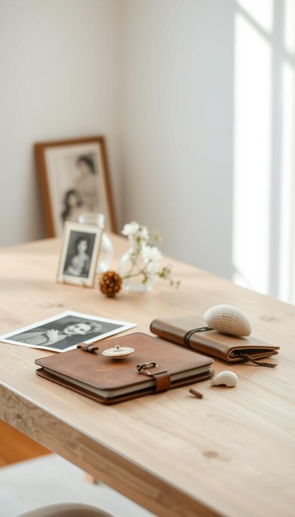 A well-organized collection of sentimental items rests on a minimalist wooden table, bathed in soft, natural light filtering through a nearby window. In the foreground, a vintage photograph, a treasured memento, and a delicate flower arrangement create a harmonious tableau. The middle ground features a carefully curated assortment of keepsakes, each with a unique story - a worn leather journal, a polished stone, and a delicate seashell. The background fades into a serene, minimalist backdrop, allowing the emotional significance of the items to take center stage. The overall atmosphere conveys a sense of tranquility and thoughtful introspection, reflecting the essence of a minimalist mindset.