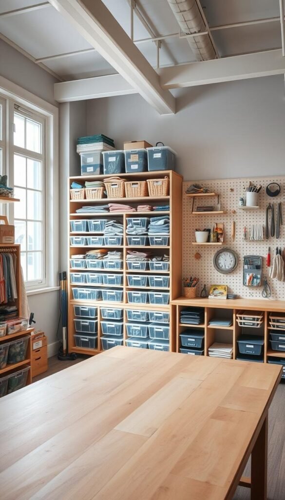 A well-organized craft room with ample shelving, storage containers, and efficient workspace. Soft natural lighting filtering through large windows, casting a cozy glow on neatly arranged art supplies, fabrics, and tools. In the foreground, a sturdy wooden worktable with a clean, uncluttered surface, ready for crafting projects. The middle ground features modular shelving units with clear labeled bins, efficiently storing a variety of materials. In the background, a pegboard system with hooks and pegs holding commonly used items within easy reach. An atmosphere of calm productivity, where creativity can thrive in a meticulously planned, visually appealing space.