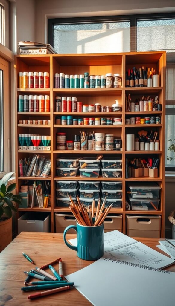 A well-organized craft supplies station in a cozy, warm-toned home office. A wooden shelving unit displays an array of colorful paints, markers, brushes, and various craft materials neatly arranged. The foreground features a sturdy worktable with a mug of freshly sharpened pencils and an open sketchbook. Soft, indirect natural lighting flows in through large windows, casting a gentle glow on the meticulously curated supplies. The middle ground showcases organized storage bins and jars, while the background hints at a coordinated color palette of earth tones and pastels, creating a serene, inspirational atmosphere for a creative DIY project.