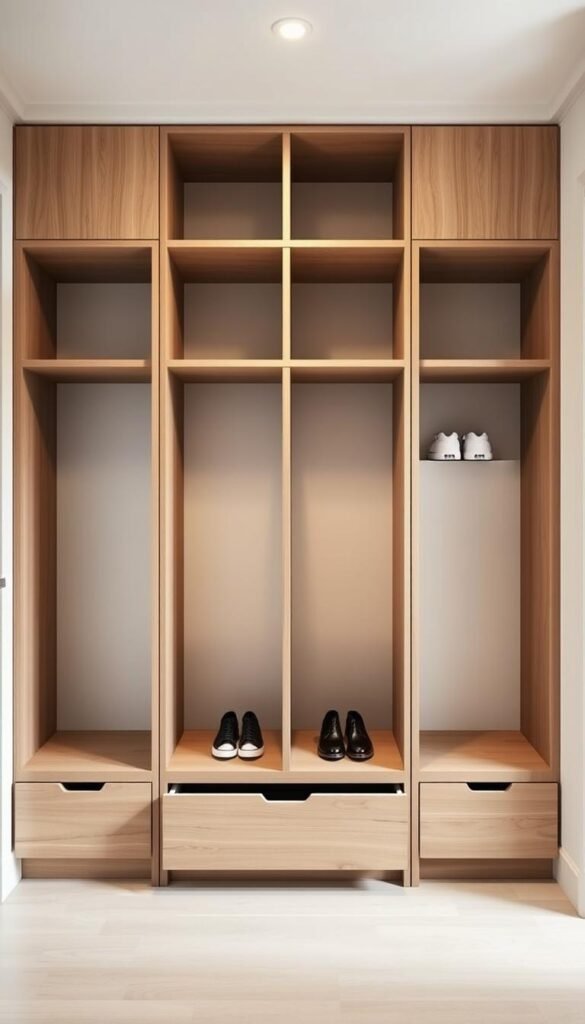 A well-organized entryway with a set of open cubbies featuring sleek, minimalist design. The cubbies have pull-out drawers at the bottom, providing convenient shoe storage. Natural wood tones contrast with the clean white walls, creating a warm and inviting atmosphere. Soft, directional lighting from above casts a gentle glow, highlighting the textural details of the wood and the neatly arranged shoes inside the drawers. The composition emphasizes the utility and streamlined aesthetic of the storage solution, inviting the viewer to envision how it could effortlessly declutter and organize their own entryway.
