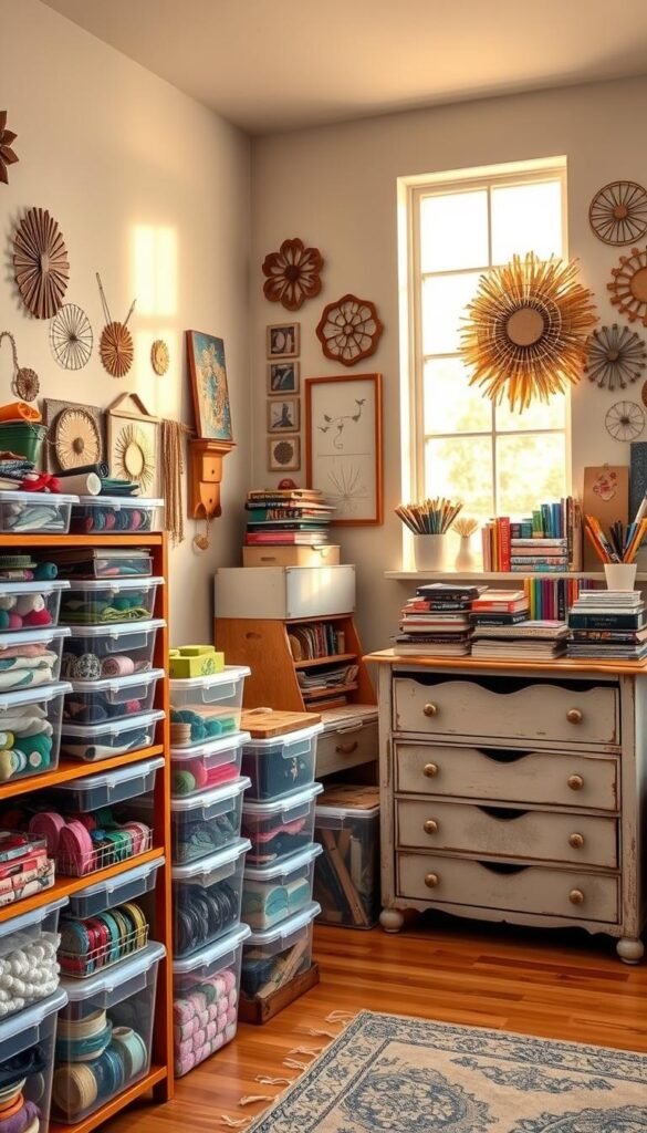 A well-organized home craft studio with a variety of storage solutions. In the foreground, a series of clear plastic containers neatly stacked on a wooden shelving unit, housing an assortment of sewing supplies, ribbons, and embroidery floss. In the middle ground, a repurposed dresser with drawers holding an array of craft paints, markers, and sketchbooks. The background features a large window flooding the space with warm, natural lighting, casting a cozy glow on the repurposed furniture and handmade decor adorning the walls. The overall atmosphere is one of inspirational organization and functional creativity.