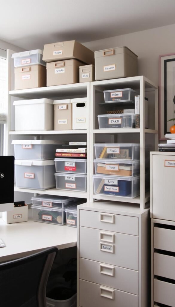 A well-organized home office with a variety of essential labels on various storage containers, shelves, and filing cabinets. The labels are clean, modern, and color-coded, making it easy to quickly identify and access different materials. The lighting is soft and diffused, creating a calm and productive atmosphere. The camera angle is slightly elevated, allowing for a comprehensive view of the organized workspace. The colors are muted and professional, with a focus on functionality and efficiency.