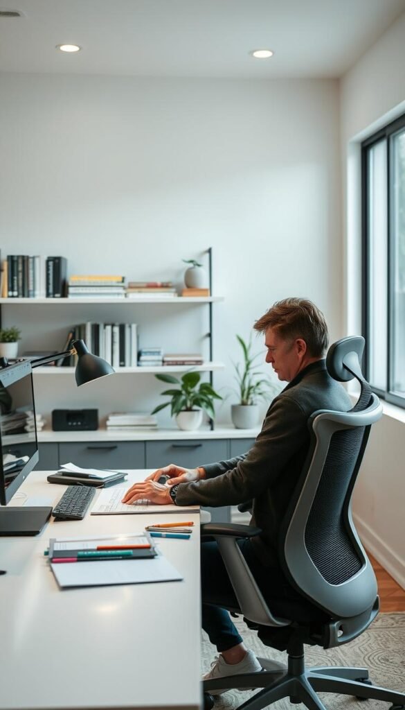 A well-organized home office, with an ergonomic desk and a minimal, modern aesthetic. A person is sitting at the desk, sorting through papers and files, their expression calm and focused. In the background, floating shelves hold neatly stacked books and decorative items. Soft, diffused lighting creates a serene atmosphere, while a large window provides natural illumination. The room conveys a sense of order and productivity, inspiring a desire for a clutter-free, streamlined lifestyle.