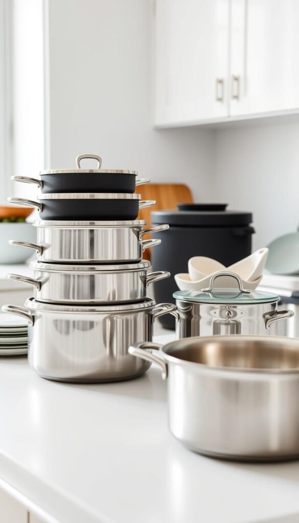 A well-organized kitchen countertop showcasing a variety of cookware in a minimalist, functional arrangement. In the foreground, a neatly stacked set of stainless steel pots and pans of varying sizes, their lids arranged alongside. In the middle ground, a mix of bakeware, including a sleek ceramic baking dish and a set of measuring cups, all in a complementary color palette. The background features clean, white cabinetry and a bright, natural light filtering in through a window, creating a sense of order and tranquility. The overall composition conveys a harmonious, uncluttered aesthetic that embodies the essence of a minimalist kitchen.