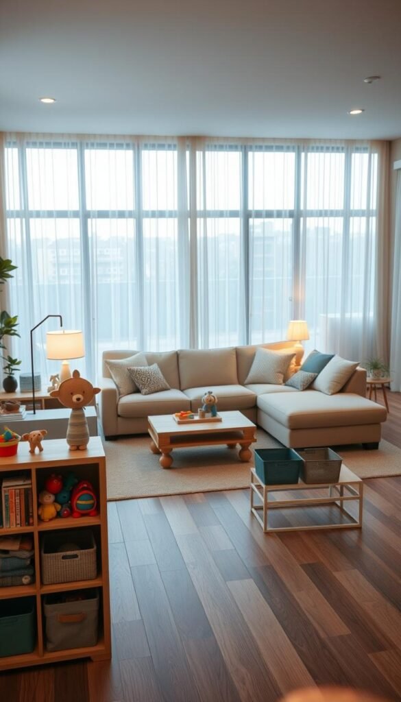 A well-organized living room with a cohesive, contemporary aesthetic. A wooden bookshelf stands in the foreground, its shelves neatly arranged with colorful toys and storage bins. Soft, indirect lighting from table lamps casts a warm glow, complementing the neutral-toned furniture and textiles. In the middle ground, a plush L-shaped sofa faces a minimalist coffee table, creating an inviting seating area. The background features large windows allowing natural light to flood the space, framed by sheer curtains. An air of tranquility and functionality pervades the scene, showcasing how thoughtful toy storage can enhance the living room's overall design and livability.