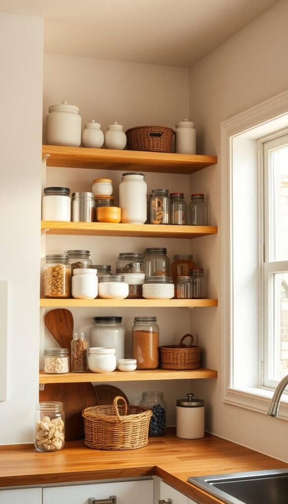A well-organized open kitchen shelf, bathed in warm, natural light from a nearby window. The shelves are neatly arranged with a harmonious mix of ceramic jars, glass bottles, and woven baskets, creating a visually appealing and clutter-free display. The clean white walls and wooden shelves provide a calming, minimalist backdrop, allowing the carefully curated items to take center stage. The overall composition exudes a sense of order and balance, showcasing an effortless and inviting approach to open shelving kitchen decor.