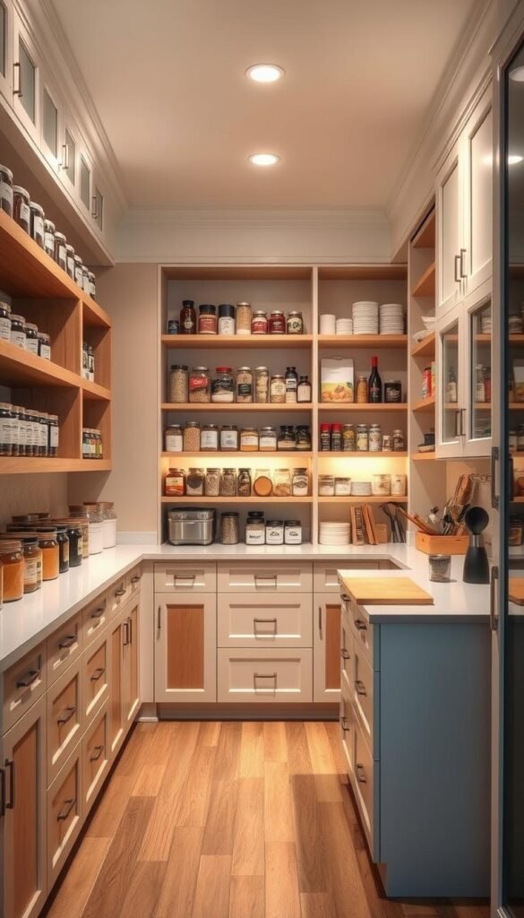 A well-organized pantry with distinct zones for storage, preparation, and display. In the foreground, neatly labeled containers and jars line the shelves, while a center island serves as a functional workspace with chopping boards and utensils. The middle ground features a mix of open shelving and cabinets, showcasing a harmonious arrangement of spices, baking supplies, and canned goods. Warm, directional lighting casts a cozy glow, accentuating the clean lines and natural textures of the wood and white cabinetry. The background fades into a soft, neutral palette, creating a serene and inviting atmosphere for effortless meal preparation.