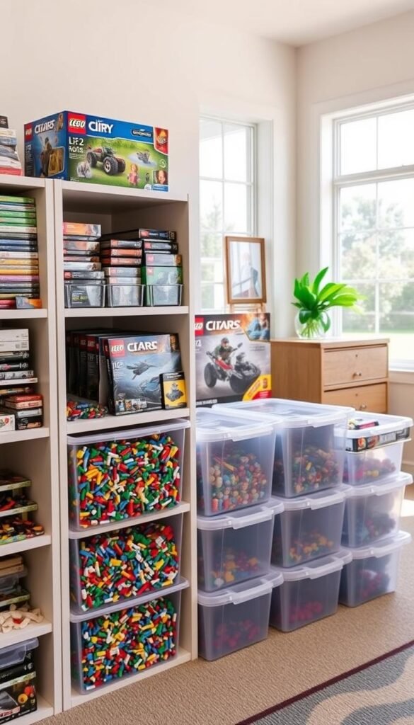 A well-organized playroom with various LEGO storage solutions. In the foreground, modular shelving units display an assortment of LEGO sets, each neatly arranged and easily accessible. In the middle ground, stackable plastic bins hold an array of LEGO bricks, sorted by color and size. The background features a bright, airy room with natural light streaming in through large windows, creating a warm, inviting atmosphere. The overall scene conveys a sense of order and organization, with a focus on efficient storage and display of the beloved LEGO toys.