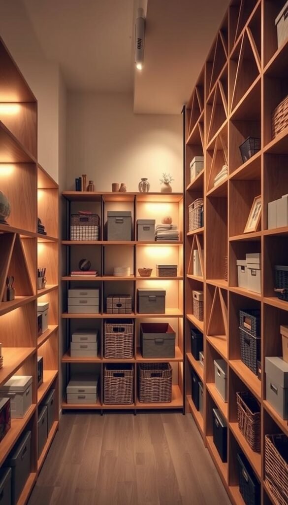 A well-organized, spacious storage system with triangular shelves lining the walls, casting warm, diffused lighting across the organized space. The shelves are made of natural wood, complemented by sleek metal brackets for a modern, minimalist aesthetic. Neatly stacked boxes, baskets, and decorative accents populate the shelves, creating an efficient yet visually appealing storage solution. The room has a clean, uncluttered feel, with a balanced mix of open and closed storage elements. The overall atmosphere conveys a sense of tranquility and order, perfect for a cozy home environment.