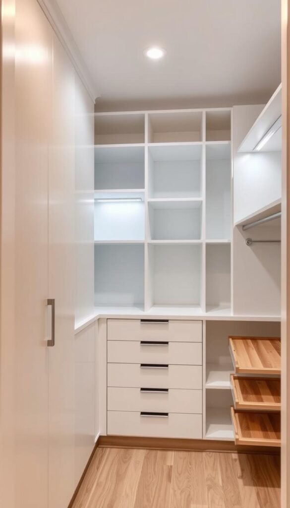 A well-organized under-stair closet with shelves, drawers, and rods for efficient storage. The space is illuminated by soft, warm lighting that casts a cozy glow, highlighting the clean, minimalist design. The closet features a mix of open and closed storage solutions, allowing for both visibility and concealment. Sleek, white cabinetry contrasts with natural wood accents, creating a harmonious, modern aesthetic. The closet's layout is optimized to maximize the available space, with a thoughtful arrangement of compartments and divisions for various household items.