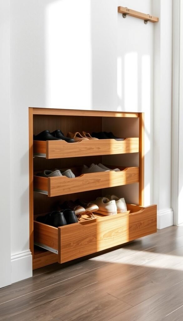 A well-organized under-stair shoe storage unit with sleek, pull-out drawers in a warm, wooden finish. The drawers are nestled against a bright, clean white wall, casting soft shadows that add depth and texture. The design seamlessly integrates into the surrounding entryway, utilizing the otherwise wasted space beneath the stairs. Subtle lighting illuminates the drawers, highlighting their functionality and clean lines. The overall impression is one of effortless practicality and stylish storage, perfectly suited to keep an entryway tidy and clutter-free.