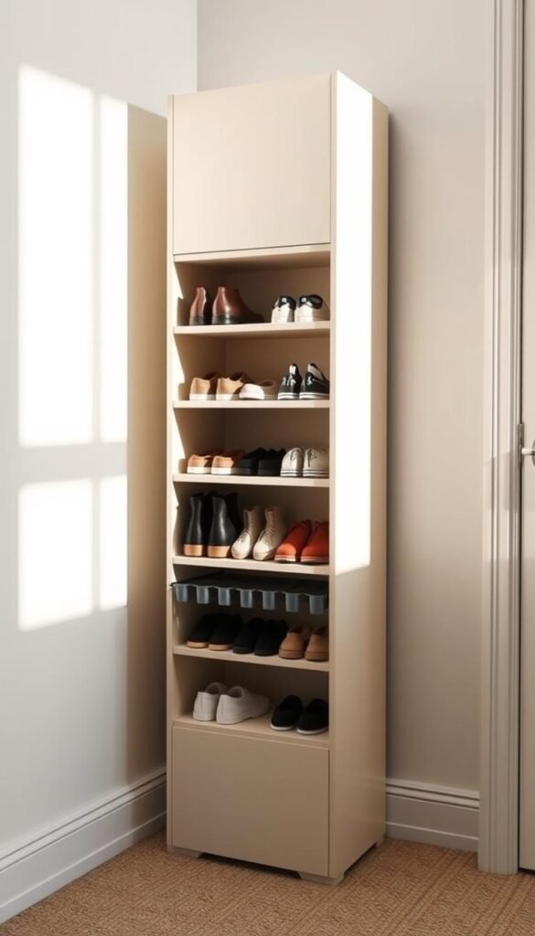 A well-organized vertical shoe storage solution featuring three sleek HEMNES cabinets stacked on top of each other, casting soft shadows against a bright, minimalist backdrop. The cabinets have multiple shelves, allowing for efficient storage of various shoe sizes and styles. The lighting is natural, creating a warm, inviting atmosphere that complements the clean, Scandinavian-inspired design. The overall composition emphasizes the practical and space-saving nature of this versatile storage solution, making it an ideal choice for small-space living.