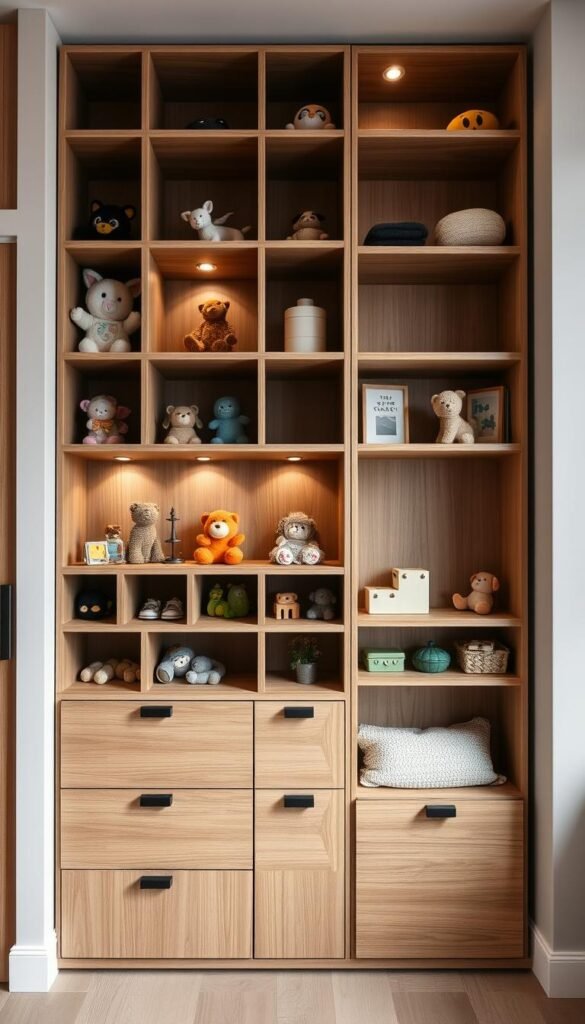 A well-organized wall-mounted storage unit for small spaces, featuring numerous compartments and shelves of varying sizes to accommodate a range of toys and knick-knacks. The unit is constructed from sleek, natural wood with a subtle grain pattern, complemented by matte black metal hardware. Soft, diffused lighting emanates from concealed fixtures, creating a warm, inviting ambiance. The layout is practical yet visually appealing, striking a balance between functionality and aesthetic appeal. Positioned at eye level, the storage unit provides easy access and optimal organization for the living room's limited square footage.