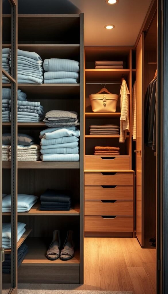 A well-organized wardrobe with multiple storage solutions, bathed in soft, warm lighting that highlights the textures and materials. The foreground features a sturdy, modular shelving unit with adjustable compartments for neatly folding and stacking clothing. In the middle ground, a series of pull-out drawers and sliding doors reveal hidden storage spaces for accessories, linens, and seasonal items. The background showcases a minimalist, minimalist wardrobe with a mix of open and closed storage, creating a harmonious, clutter-free impression. The overall scene conveys a sense of practical organization and calm, inviting the viewer to imagine effortlessly arranging their own small-space wardrobe.