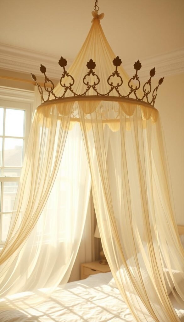 A whimsical, ethereal crown canopy suspended in a sunlit, airy bedroom. Delicate tendrils of sheer fabric drift lazily in a gentle breeze, creating a dreamy, enchanting atmosphere. The canopy is a graceful, asymmetrical silhouette, its edges softly blurred, evoking a sense of timelessness. Pools of golden light filter through the translucent panels, casting a warm, romantic glow. The canopy appears to float, detached from any bedposts, lending an air of magical levitation. The overall effect is one of boundless, carefree fantasy, inviting the viewer to imagine themselves enveloped in this serene, mystical oasis.