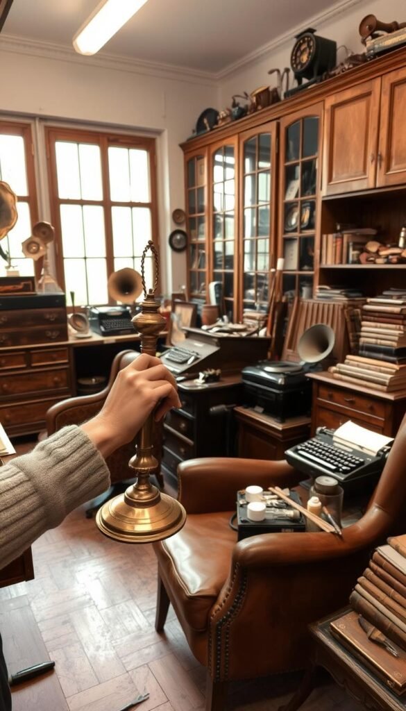 An antique workshop with a well-lit, cozy atmosphere. In the foreground, a person carefully polishing a vintage brass lamp, their hands delicately caressing the intricate details. Nearby, a worn leather armchair and a side table displaying an assortment of vintage tools, brushes, and cleaning supplies. The middle ground showcases a collection of carefully curated vintage items, including a typewriter, a gramophone, and a stack of antique books. The background features a large window, allowing natural light to filter in and highlight the patina of the aged wooden shelves and cabinets, creating a sense of timelessness and preservation.
