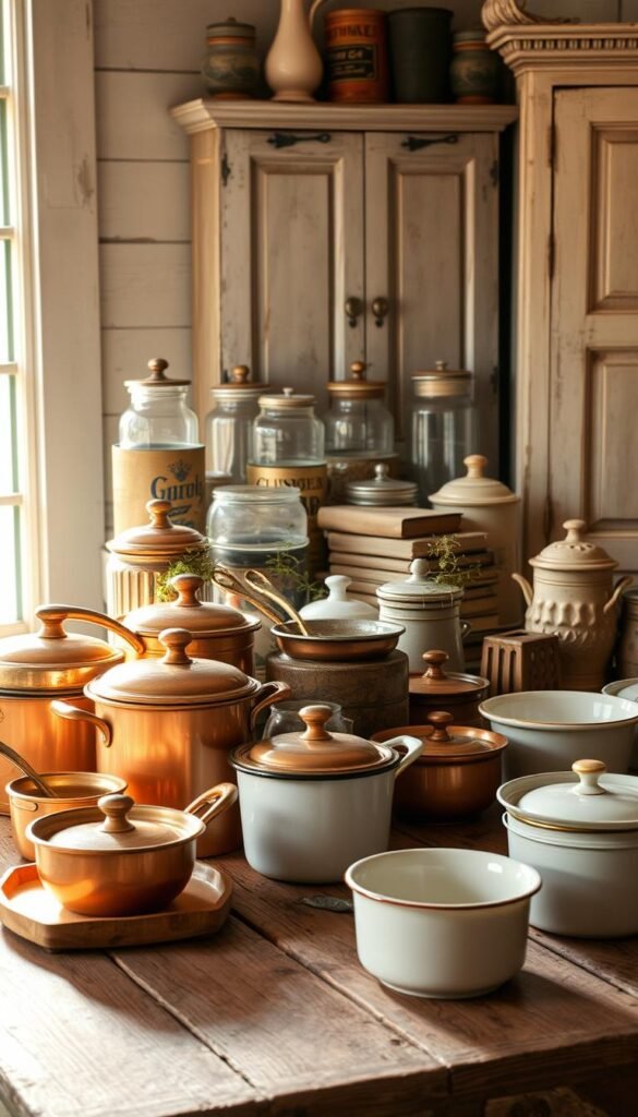 An artfully arranged vintage kitchenware display on a weathered wooden table, bathed in warm, natural light streaming through a nearby window. In the foreground, an assortment of antique enamel pots, ceramic mixing bowls, and gleaming copper cookware neatly curated. Behind them, a selection of classic glass jars, tin canisters, and rustic utensil crocks, creating a charming, timeless vignette. The middle ground features a few trailing plants and a stack of aged cookbooks, adding a touch of organic texture. In the background, a distressed farmhouse-style cabinet or shelving unit, hinting at the cozy, lived-in character of this quaint, cottage-inspired kitchen space.