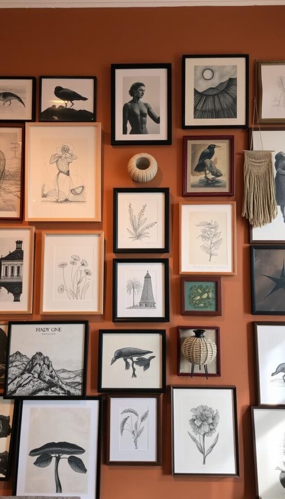 An eclectic gallery wall showcasing a harmonious mix of artwork in various mediums and styles. In the foreground, an assortment of abstract paintings, black-and-white sketches, and vintage-inspired prints are arranged with intentional asymmetry, creating a visually captivating display. The middle ground features a few sculptural ceramic pieces and handwoven wall hangings that add texture and depth. The background is a warm, earthy-toned wall, illuminated by soft, diffused lighting that casts gentle shadows, enhancing the depth and dimension of the overall composition. The mood is one of sophisticated creativity, inviting the viewer to explore the diverse and personalized art collection.