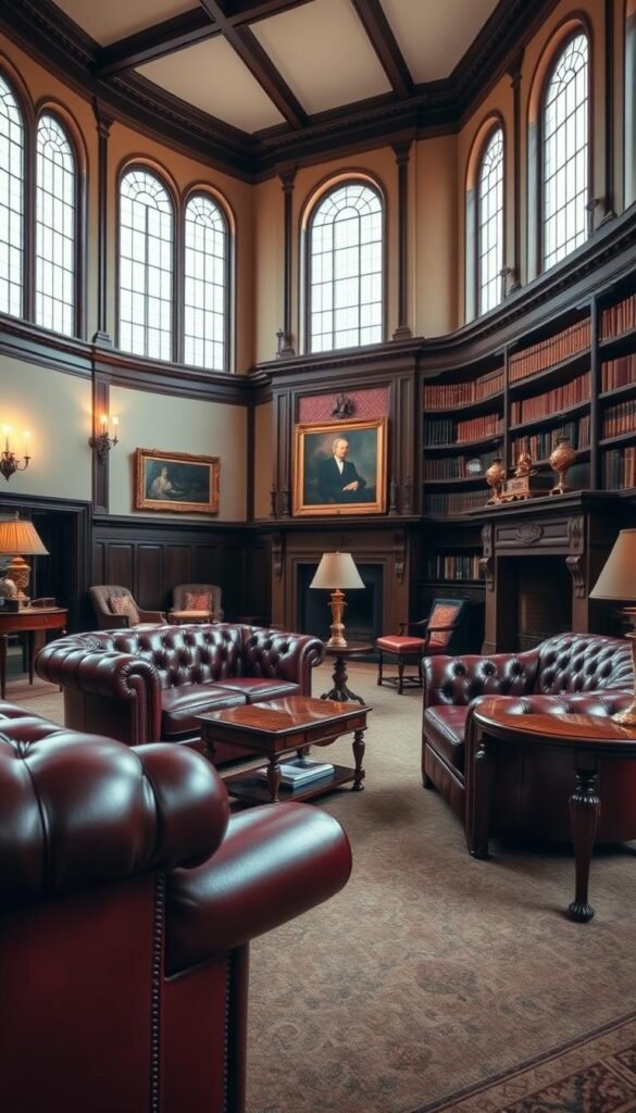 An elegant Victorian-style sitting room with high ceilings and large windows, bathed in warm, soft lighting. In the foreground, a luxurious, tufted Chesterfield sofa in a rich burgundy leather, complemented by a matching armchair. On the middle ground, a solid oak coffee table with a hand-carved design, and a mahogany side table with a decorative brass lamp. The background features a grand fireplace with an ornate mantelpiece, and bookshelves filled with leather-bound volumes. The overall mood is one of timeless sophistication and refined comfort.