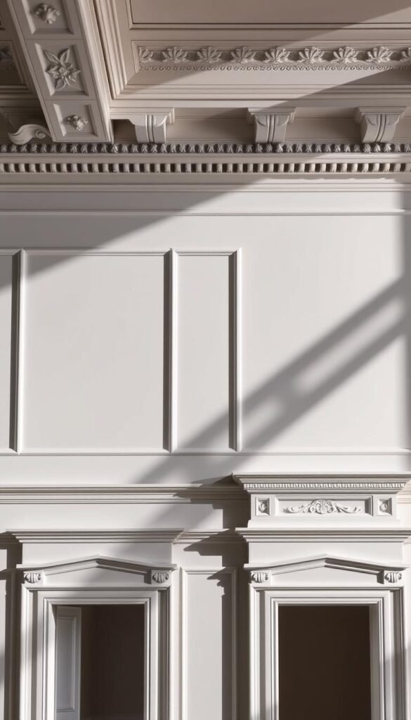 An elegant living room focal wall with intricate architectural molding details. A well-lit, high-contrast scene showcasing various molding profiles and patterns, including ornate crown molding, decorative panel molding, and subtle chair rail detailing. The moldings cast dramatic shadows, creating depth and visual interest. The walls have a neutral, matte finish to highlight the textural quality of the moldings. The overall mood is one of refined sophistication and timeless design.