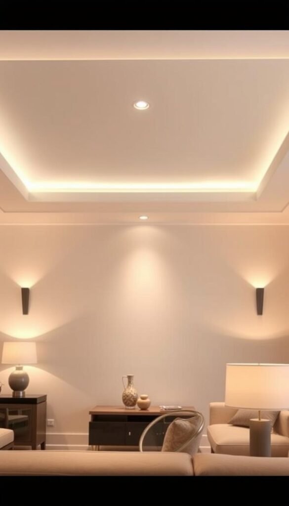 An elegant neutral-toned living room with soft, diffused lighting from multiple sources. Warm, indirect illumination bathes the space, creating a serene and inviting atmosphere. Sleek, minimalist fixtures cast a gentle glow, complementing the muted color palette. Carefully positioned task lighting and dimmable sconces provide adjustable brightness for various activities. The room's neutral backdrop allows the play of light and shadow to take center stage, enhancing the overall sense of tranquility and sophistication.