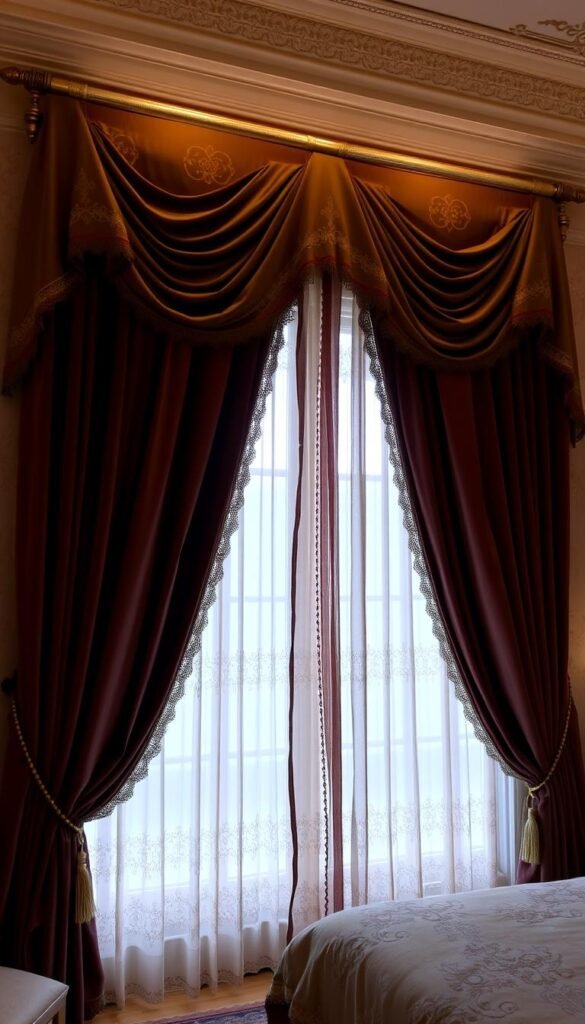 An elegant, traditional bedroom with a large, floor-to-ceiling window dressed in luxurious, flowing curtains. The curtains are made of a rich, velvet fabric in a deep, jewel-toned color, perhaps burgundy or emerald green. They are trimmed with delicate, embroidered patterns and tasseled tiebacks. Soft, ambient lighting filters through the sheer, lace-trimmed sheers, casting a warm, cozy glow throughout the space. The curtain rods are ornate, with decorative finials, and the window frame is framed by intricate molding. The overall effect is one of timeless sophistication and refined, old-world charm.