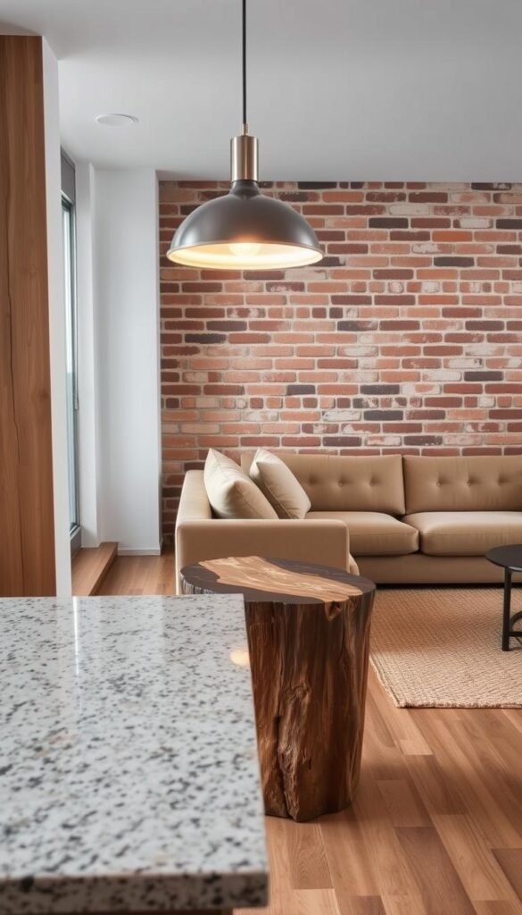 An elegantly curated interior space, showcasing a harmonious blend of natural and industrial textures. In the foreground, a smooth granite countertop contrasts with the rugged, weathered wood of an end table. Hanging overhead, a sleek metal pendant light casts a warm, ambient glow, illuminating the varied textures. In the middle ground, a plush velvet sofa provides a soft, tactile counterpoint to the exposed brick wall behind it. Underfoot, a woven area rug adds depth and visual interest, tying the disparate elements together. The overall atmosphere is one of sophisticated, layered design - a carefully crafted balance of hard and soft, rough and smooth, creating a visually compelling and inviting interior.