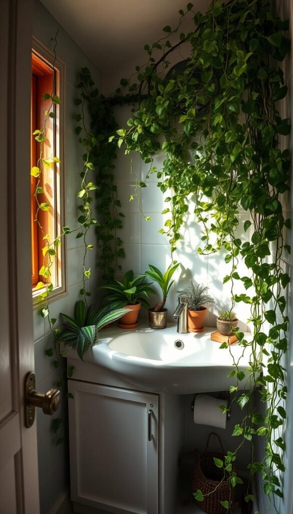 An intimate botanical sanctuary in a small, cozy bathroom. Lush, trailing vines delicately embrace the sink and vanity, their verdant tendrils cascading over the edges. Dappled sunlight filters through a nearby window, casting a warm, natural glow on the scene. Potted succulents and ferns dot the countertop, their sculptural silhouettes adding depth and texture. The overall atmosphere is one of serene tranquility, a fresh, organic oasis amidst the utilitarian fixtures. A wide-angle lens captures this harmonious fusion of nature and modern design, creating a sense of peaceful, restorative respite. An intimate botanical sanctuary in a small, cozy bathroom. Lush, trailing vines delicately embrace the sink and vanity, their verdant tendrils cascading over the edges. Dappled sunlight filters through a nearby window, casting a warm, natural glow on the scene. Potted succulents and ferns dot the countertop, their sculptural silhouettes adding depth and texture. The overall atmosphere is one of serene tranquility, a fresh, organic oasis amidst the utilitarian fixtures. A wide-angle lens captures this harmonious fusion of nature and modern design, creating a sense of peaceful, restorative respite.