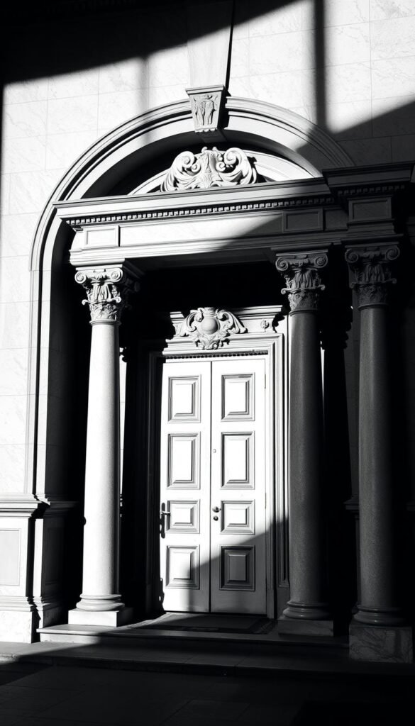 Architectural details in monochrome design: a grand entrance with ornate columns, intricate stone carvings, and dramatic shadows cast by the overhead lighting. The elegant doorway stands as the focal point, inviting the viewer to step inside this timeless, sophisticated space. The composition emphasizes the play of light and shadow, creating a sense of depth and drama. The overall aesthetic is one of classic elegance and refined simplicity, perfectly capturing the essence of "Architectural Details That Make a Difference".